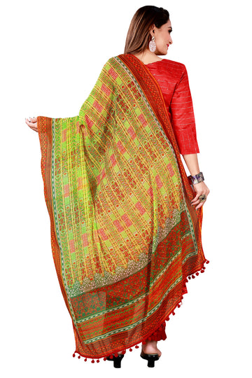 Green Color Kalamkari And Floral Printed Chiffon Dupatta With Tassels